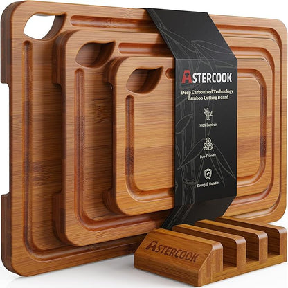 Astercook Deep-Carbonized Bamboo Cutting Boards for Kitchen with Wood Storage Stand, Reversible Charcuterie & Chopping Boards with Juice Grooves and Easy-Grip Handles, Mothers Day Gifts by Astercook