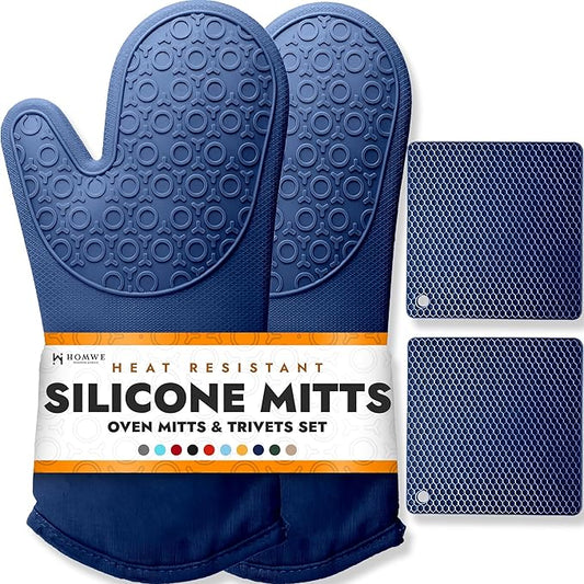 BPA-Free Soft Silicone 4 Piece Oven Mitts & Trivets Set - Ultra Heat Resistant Oven Mitts with Thick Cotton Liner - Long Slip Resistant Pot Holders, Flexible Oven Gloves - Royal Blue by HOMWE