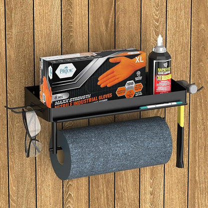 Taozun Garage Paper Towel Holder, Wall Mount Shelf, Shop Towel Holder, One-Hand Tear, Paper Towel Holder Wall Mount with 4 Detachable Hooks for Garage Organization and Storage(Black)