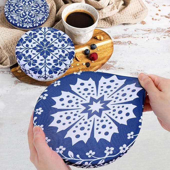 5 Pieces Bowl Covers Reusable, 5 Size Elastic Cloth Bowl Covers for Bread Proofing Stretch Food Covers Washable for Food Fruits Leftover (Blue Coconut Tree) - Image 3