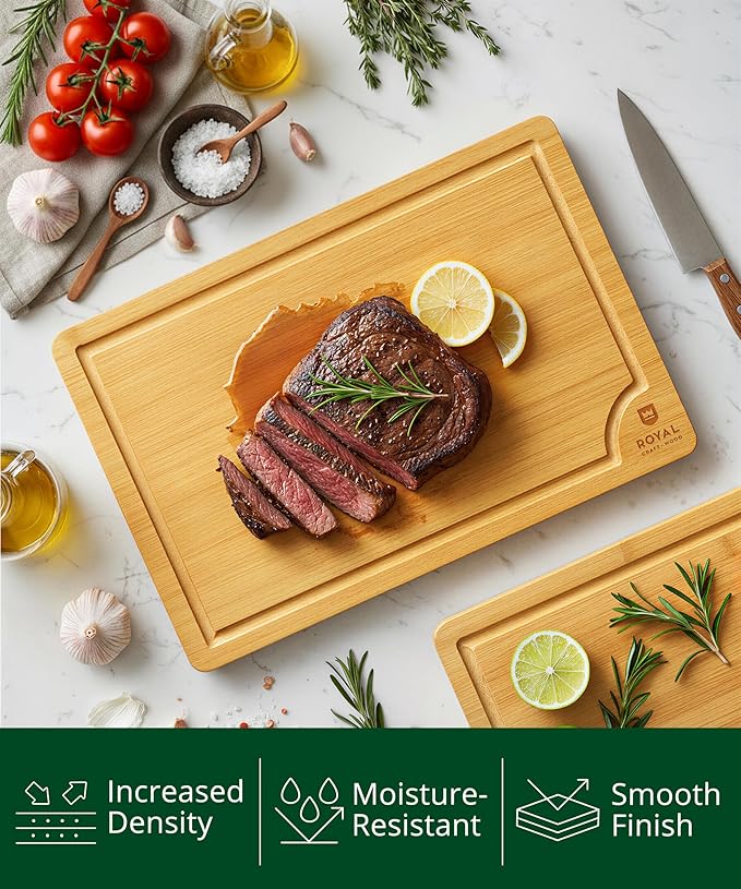 ROYAL CRAFT WOOD Wooden Cutting Boards for Kitchen Meal Prep & Serving - Bamboo Wood Serving Board Set with Deep Juice Groove Side Handles - Charcuterie & Chopping Butcher Block for Meat - Image 4