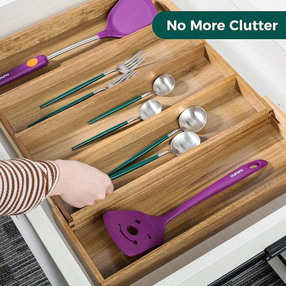 Utoplike Acacia Kitchen Drawer Organizer Expandable, Large Utensils and Cutlery Tray, Adjustable Silverware Divider for Knives Flatware