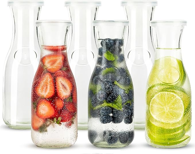 Glass Carafe Pitchers, by Kook, Mini Carafes- set of 6, Beverage Dispensers, Clear Jugs For Mimosas, Water, Wine, Milk and Juice, with Plastic Lids, Dishwasher Safe 17.3 oz by Kook