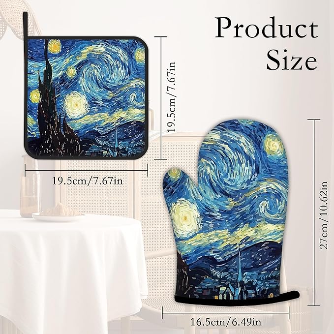 The Starry Night Oven Mitts and Pot Holders Kitchen Cooking Gloves 2 Pcs Set Heat Resistant Pad for Baking BBQ Home Decor