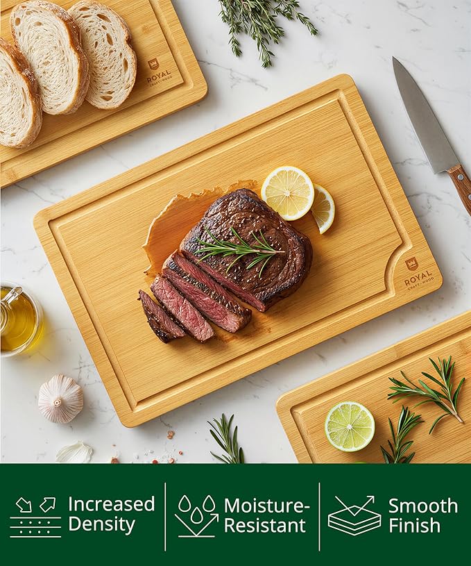 ROYAL CRAFT WOOD Wooden Cutting Boards for Kitchen Meal Prep & Serving - Bamboo Wood Serving Board Set with Deep Juice Groove Side Handles - Charcuterie & Chopping Butcher Block for Meat - Image 3