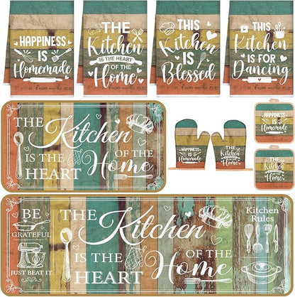 Fourluoo 10 Pcs Farmhouse Kitchen Decor and Accessories Set 4 Kitchen Towels 2 Pot Holders 2 Oven Mitts 2 Rugs for Cooking Baking Mom Housewarming Gifts(Vintage Wood Grain,Classic Style) by Fourluoo