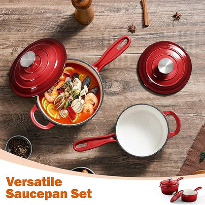 Homikit 1 QT & 2 QT Saucepan Set, Enameled Cast Iron Saucepan with Lid for All Cooktops, Small Pot Mini Dutch Oven for Kitchen Cooking, Boiling, Nonstick & Heavy Duty, Red