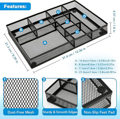 shenee Desk Drawer Organizer Tray,Drawer Organizer for Office and Home,Desk Organizer with Drawers,7 Compartments,Non-Slip Desk Organizers (Black, 12.3" L x 8.3" W x 1.8" H)