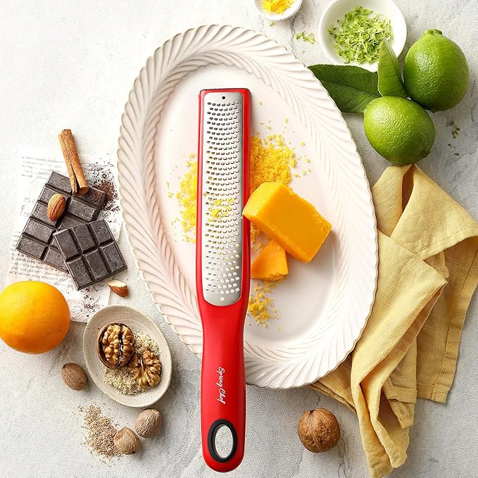 Spring Chef Premium Red Lemon Zester Grater with Handle - Fruit, Garlic, Citrus, Nutmeg, Orange Zester Tool - Heavy Duty Kitchen Shredder - Stainless Steel Ginger Grater with Blade Cover - Fine Shred - Image 9