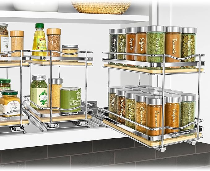 LYNK PROFESSIONAL® Élite™ Pull Out Spice Organization for Cabinets - 6-3/8 inch Wide – Spice Rack for Inside Cabinets – Wood/Chrome - Sliding Spice Rack Organizer for cabinet – Spice Rack - 2 Tier - Image 7
