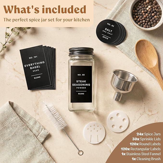 EDELHAUS Glass Spice Jars with Label and Black Aluminium Lids (24 x 4oz) Spice Containers with 240 Labels, Shaker Inserts, Steel Funnel, Empty Square Seasoning Organizer (Black Aluminium Lid) - Image 9