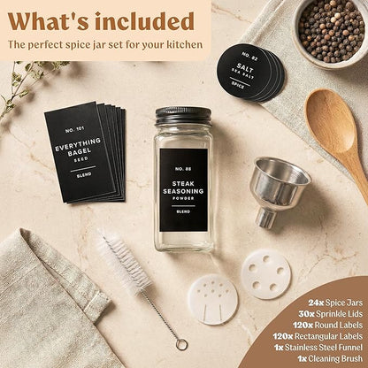 EDELHAUS Glass Spice Jars with Label and Black Aluminium Lids (24 x 4oz) Spice Containers with 240 Labels, Shaker Inserts, Steel Funnel, Empty Square Seasoning Organizer (Black Aluminium Lid) - Image 9