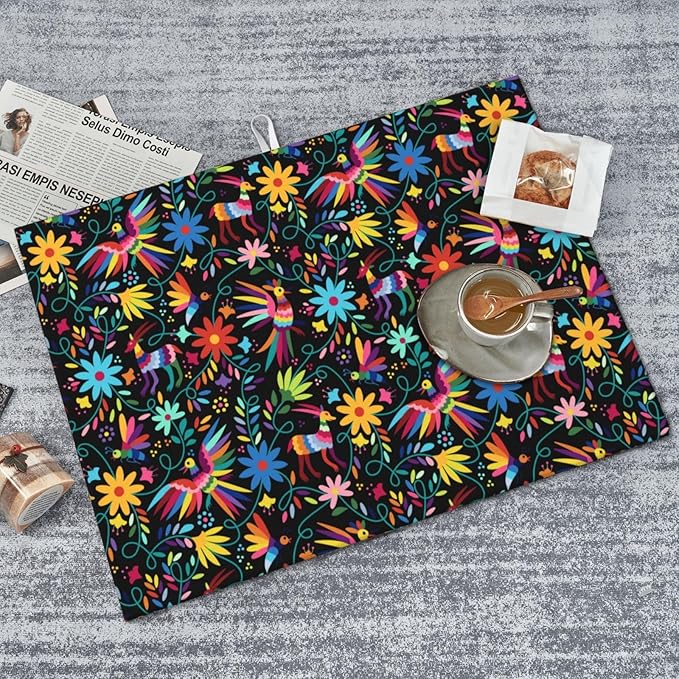 Mexican Colorful Bird and Floral Abstract Dish Drying Mats for Kitchen Counter, 18x24 inch Absorbent Decorative Microfiber Drying Pad, Anti-Slip & Absorption for Sink Small Appliances, Home Decor