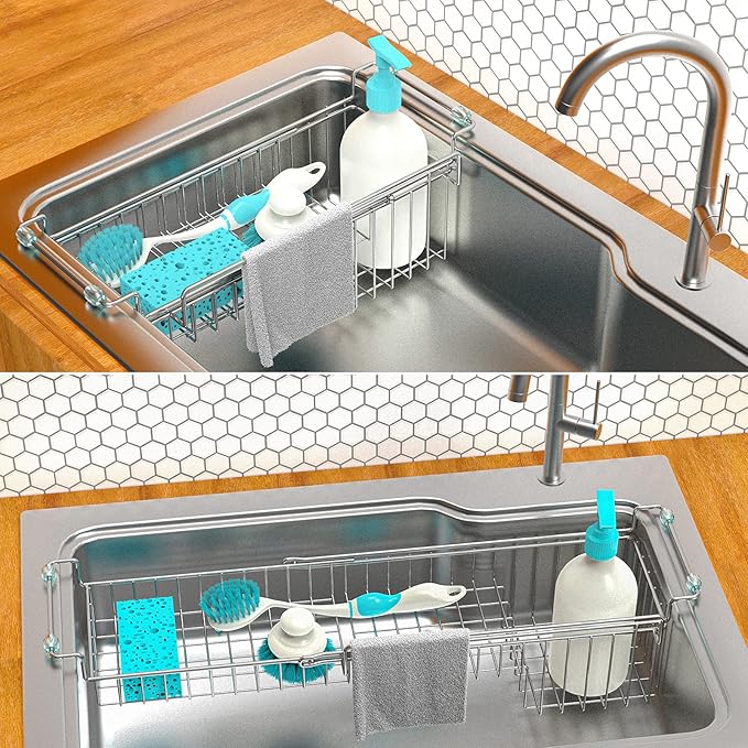 Over The Kitchen Sink Caddy Sponge Holder Organizer Drying Rack Expandable for Sponge Brush Soap Dish Cloth Rag 14.5" to 22", Stainless Steel - Image 3