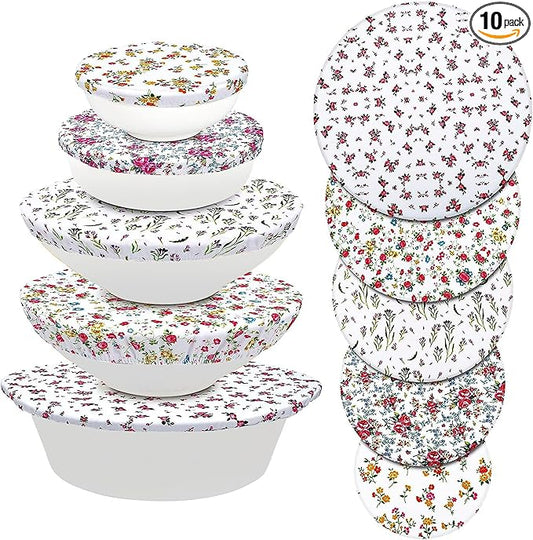 10Pcs Reusable Bowl Covers In 5 Size, Stretch Cloth Fabric Dish Cover Kitchen Storage Containers Lids for Fruits Food Leftover Dough Bread Proofing