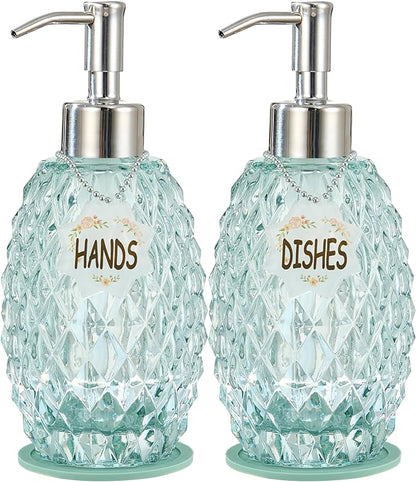 MALACHI Soap Dispenser Set, Crystal-Textured Diamond Glass with Rustproof Stainless Steel Pump, Dual-Labelled Hand & Dish Soap Dispenser for Kitchen & Bathroom