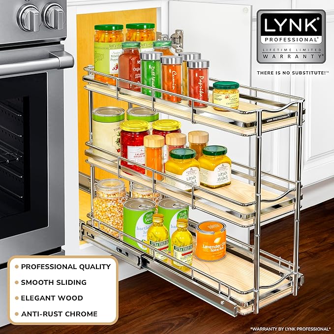 LYNK PROFESSIONAL® Élite™ Pull Out Spice Rack Organizer for Inside Kitchen Cabinets - 6" x 21" - Slide Out Drawer – Wood/Chrome Sliding Spice Organization for cabinet - Spice Racks - 6 Tier - Image 2