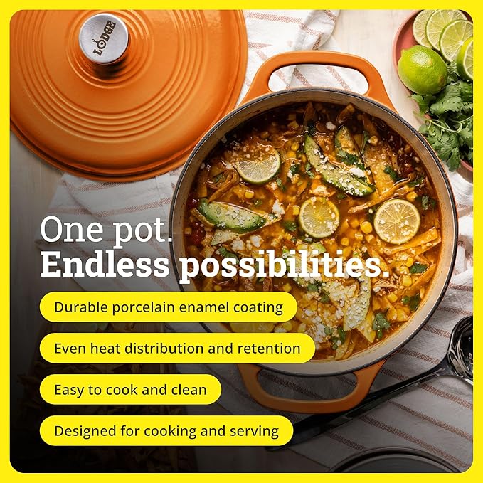 Lodge Essential Enamel Cast Iron Dutch Oven - Perfect for Bread Baking, Braising, Marinating & Slow Cooking - Features Moisture-Sealing Lid & Dual Handles - Kitchen Essentials - 6 Quarts - Pumpkin - Image 2