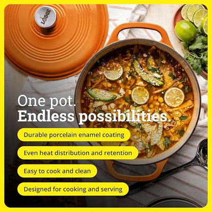 Lodge Essential Enamel Cast Iron Dutch Oven - Perfect for Bread Baking, Braising, Marinating & Slow Cooking - Features Moisture-Sealing Lid & Dual Handles - Kitchen Essentials - 6 Quarts - Pumpkin - Image 2