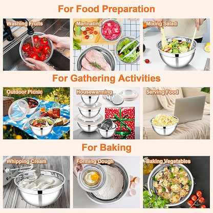 E-far Mixing Bowls Set of 5, Stainless Steel Salad Mixing Bowl with Transparent Lid, Metal Nesting Bowl Attach with 3 Graters for Kitchen Prepping/Serving/Baking/Storage, 4.6/2.6/1.5/1/0.7 QT - Khaki
