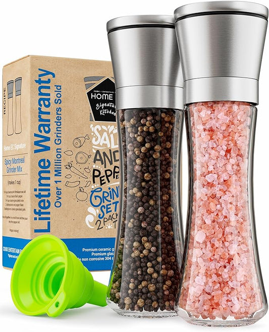 Home EC Premium Stainless Steel Sea Salt and Pepper Grinder Set of 2 - Adjustable Ceramic - Tall Glass Salt and Pepper Shakers - Kitchen Spice Mill W/Funnel & EBook by HOMEEC