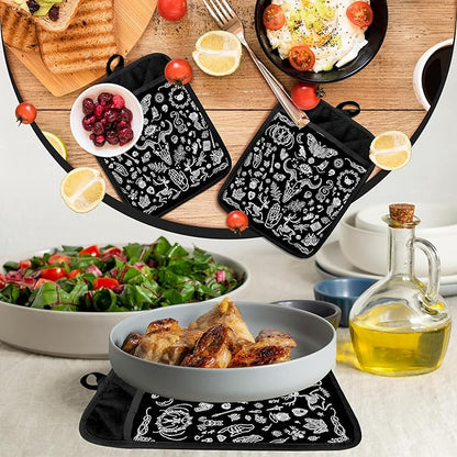 Gothic Witchy Skull Pot Holders with Pockets, Witchy Gifts, Goth Black Pot Holders Heat Resistant Oven Mitts Hot Pads for Kitchen Baking Cooking,Potholders for Kitchens