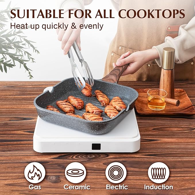 SENSARTE Nonstick Grill Pan for Stove Tops, Versatile Griddle with Pour Spouts, Square Big Cooking Surface, Durable Skillet Indoor & Outdoor Grilling. PFOA Free, 9.5 Inch - Image 6