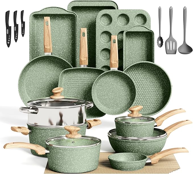 DishDelight Green Pots and Pans Set Non Stick, 30 Piece Induction Kitchen Cookware Sets for Cooking, Non Toxic Granite Pot and Pans Set, PFOA&PFOA Free by DishDelight