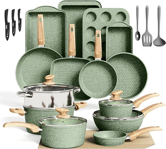 DishDelight Green Pots and Pans Set Non Stick, 30 Piece Induction Kitchen Cookware Sets for Cooking, Non Toxic Granite Pot and Pans Set, PFOA&PFOA Free by DishDelight