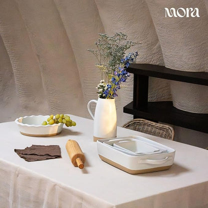 Mora Ceramic Set of 2 Baking Dishes For Casserole, Banana Bread, Brownies, Broiling, Roasting, and Baking. 7x11 in and Loaf Pans - Porcelain Serving Bakeware from Oven to Table. Freezer Safe - Oat - Image 5
