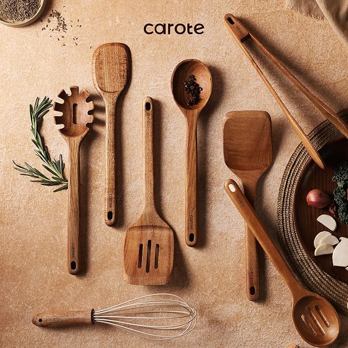 CAROTE Wooden Kitchen Utensils Set, Acacia Wood 8pcs Cooking Utensil Set for Nonstick Cookware, Long-lasting Wooden Spoons for Cooking, Spatula, Turner - Image 6