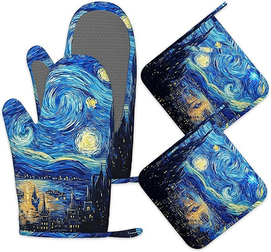 Starry Night Oven Mitts and Pot Holders Set of 4, Heat Resistant Non Slip Kitchen Gloves Hot Pads, Chef Cooking Baking Gifts for Women Bakers, Kitchen Gifts for Cooking Lover Cooks Mom