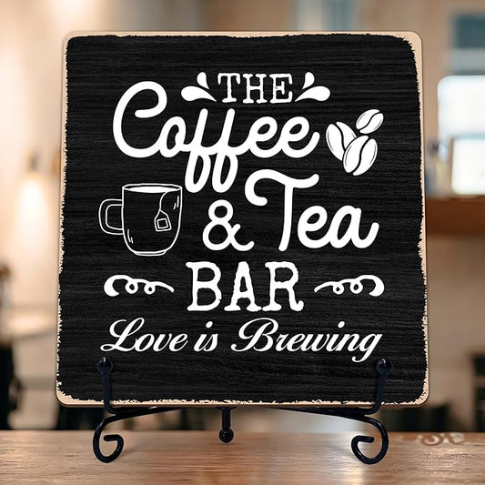 Coffee Bar Sign, Love is Brewing Farmhouse Tabletop Decor, Coffee and Tea Lover Gifts, 5x5 Wood Plaque with Iron Stand for Home Kitchen Cafe, Coffee Bar Decor – L01 by TIRYWT