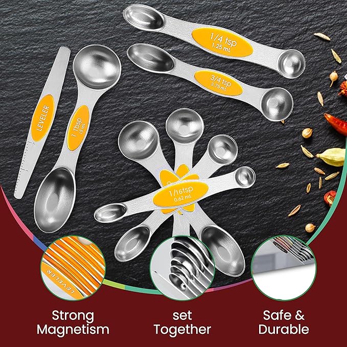 Magnetic Measuring Spoons Set of 9 Stainless Steel Dual-Sided Stackable Measuring Spoon Nesting Teaspoons Measuring Dry and Liquid Ingredients, Fits in Spice Jars Set of 9 (Orange) - Image 6