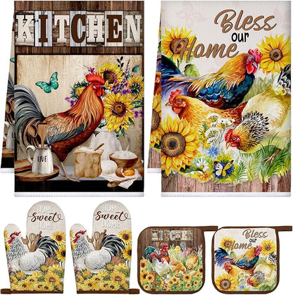 Leinuosen 6 Rooster Sunflower Farmhouse Kitchen Decor Dish Towels Oven Mitts and Pot Holders Sets Chicken Kitchen Towels Absorbent Decorative Accessories for Cooking Baking Grilling