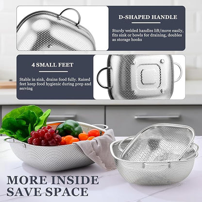 E-far 3 Pack Colander for Kitchen, Square Stainless Steel Metal Strainer Colander with Handle for Draining Food Pasta Vegetable, Micro-Perforated & Elevated Feet, Dishwasher Safe(2.4/4/6QT) - Image 5