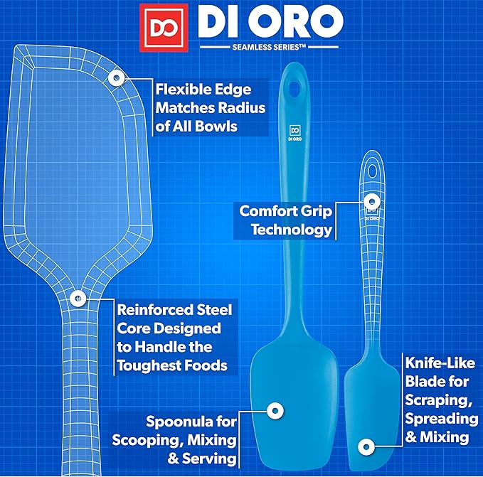 DI ORO Silicone Spatula Set - Rubber Kitchen Spatulas for Baking, Cooking, & Mixing - 600°F Heat-Resistant & BPA Free Silicone Scraper Spatulas for Nonstick Cookware - Dishwasher Safe (3pc, Blue) - Image 4