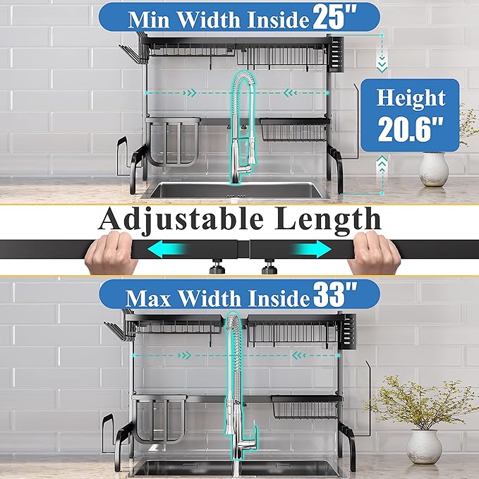 SAYZH Over The Sink Dish Drying Rack, Adjustable (25.5 to 33.5 inch) 2 Tier Metal Steel Dish Drying Racks for Kitchen Counter with Hooks Paper Towel Utensil Cup Holder Sink Caddy (Black) - Image 3