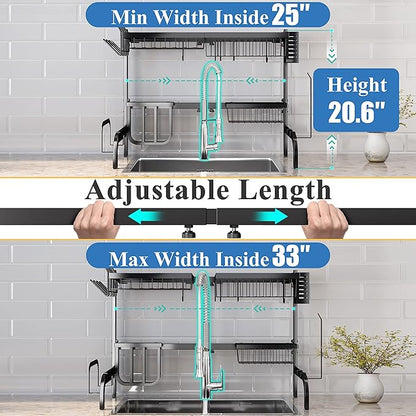 SAYZH Over The Sink Dish Drying Rack, Adjustable (25.5 to 33.5 inch) 2 Tier Metal Steel Dish Drying Racks for Kitchen Counter with Hooks Paper Towel Utensil Cup Holder Sink Caddy (Black) - Image 3