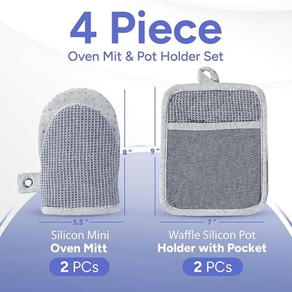 Casa Platino Silicone Oven Mitts & Potholders, 4-Piece – Pot Holders for BBQ & Baking, Oven Mitt for Kitchen & Microwave – Heat Resistant Up to 500°F, Durable & Flexible – Indigo