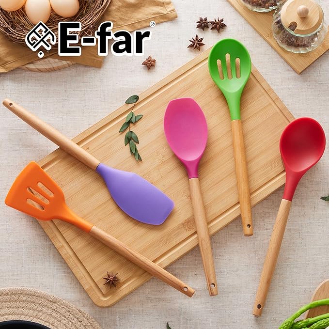 E-far Silicone Cooking Utensils Set, 5-Piece Kitchen Utensils Set with Wooden Handle for Cooking, Silicone Kitchen Nonstick Tools Spatula Turner Slotted Spoons, Nontoxic & Heat Resistant-Colorful - Image 7
