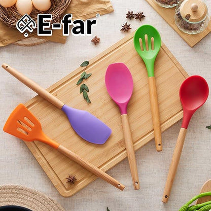 E-far Silicone Cooking Utensils Set, 5-Piece Kitchen Utensils Set with Wooden Handle for Cooking, Silicone Kitchen Nonstick Tools Spatula Turner Slotted Spoons, Nontoxic & Heat Resistant-Colorful - Image 7