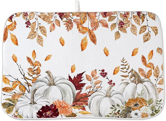 Fall Dish Drying Mat 18x24 Inches For Kitchen Counter Orange White Pumpkin Leaves Kitchen Decor Drying Mat Decorative Autumn Thanksgiving Drying Pad for Home Kitchen,Dining Room Decoration