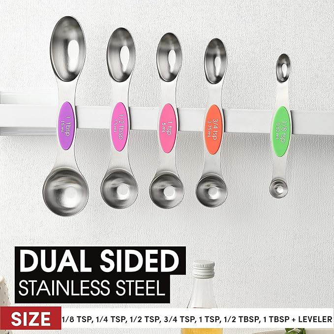 Spring Chef Stainless Steel Magnetic Measuring Spoons Set of 8 with Leveler, Nesting Metal Teaspoon & Tablespoon Measuring Spoons, Kitchen Gadgets for Baking & Cooking, Fits in Most Spice Jars - Neon - Image 3