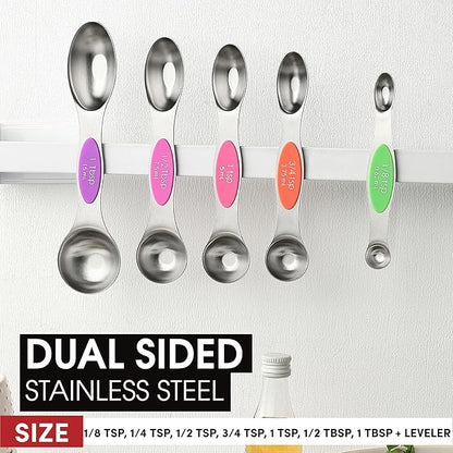 Spring Chef Stainless Steel Magnetic Measuring Spoons Set of 8 with Leveler, Nesting Metal Teaspoon & Tablespoon Measuring Spoons, Kitchen Gadgets for Baking & Cooking, Fits in Most Spice Jars - Neon - Image 3