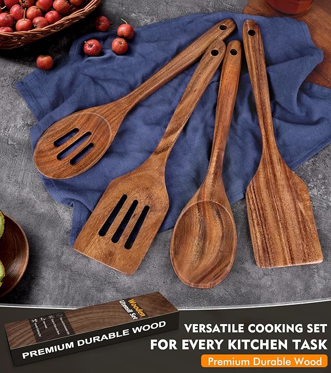 4Pcs Wooden Spatula for Cooking, Acacia Wooden Spatula for Kitchen Use, Nonstick Cookware Safe Utensils Set for Cooking, Mixing, Serving, Draining, Ideal Cooking Utensils Gift - Image 6