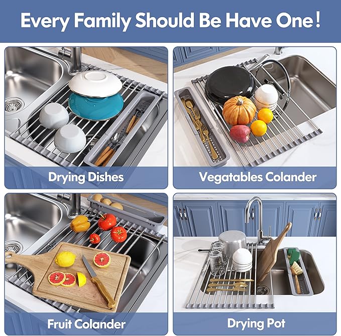 JASIWAY Over The Sink Dish Drying Rack for Kitchen, Expandable (12.8"-23.8" D x 15.5" W) Roll Up Dish Drainer with The Function of Fordable, Rust Proof, Large Sink Cover with Removable Utensil Holder - Image 6