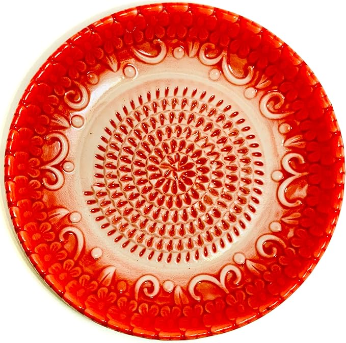 BonCera, All-in-one Premium Ceramic Garlic Grater Plate 4-Piece Set - Red Embossed Design and Style - For Garlic, Ginger, Chocolate, and more! - Comes with 5.25" Plate, Peeler, Brush, and Stand