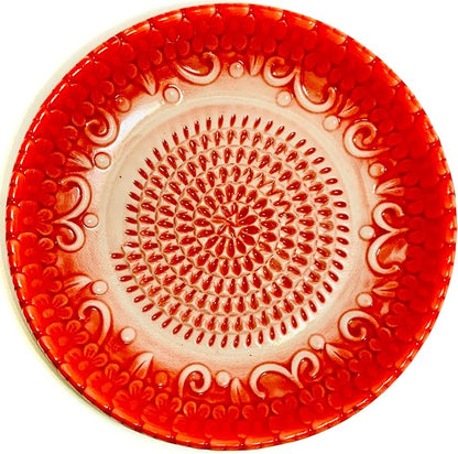 BonCera, All-in-one Premium Ceramic Garlic Grater Plate 4-Piece Set - Red Embossed Design and Style - For Garlic, Ginger, Chocolate, and more! - Comes with 5.25" Plate, Peeler, Brush, and Stand