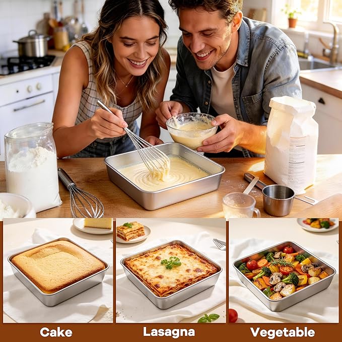 LIANYU 8 x 8 Square Baking Pan with Lid, 8 Inch Stainless Steel Cake Baking Pan Set of 2, Bread Cake Brownie Metal Bakeware Set, Heavy Duty & Dishwasher Safe (2 Pans + 2 Lids)